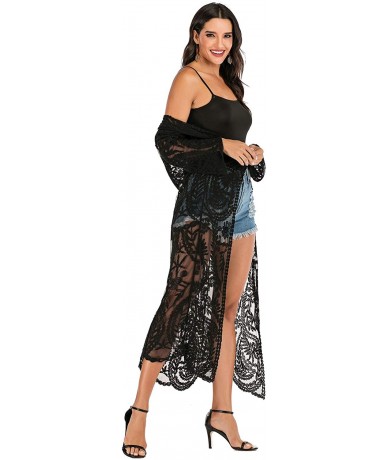 Cover-Ups Women's Lace Cardigan Long Bathing Suit Cover Up Maxi Boho Sheer Kimono - Black - CW18A5ZEZ3I $44.15