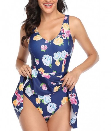 One-Pieces Womens One Piece Swimsuit Slimming Tummy Control Swim Dress Skirted Bathing Suits - Blue&pink Floral - CZ193MT2635...