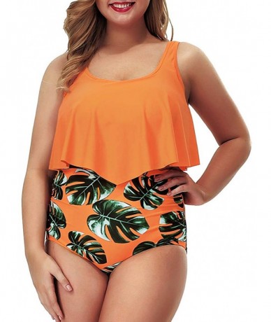 Sets Women's Plus Size High Waist Bandage Bikini Sets Chic Swimsuit Retro Bathing Suit - Orange Flower - C018TI8C66L $49.48