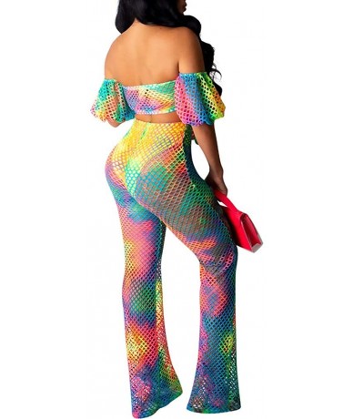 Sets Women's Two Piece Outfits Mesh Beach Bikini Swimsuit Cover up Off Shoulder Crop Top Wide Leg Long Pants Set - Colourful ...