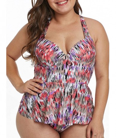 One-Pieces Womens Plus Size Halter Neck Peplum Tankini Two Piece Bathing Suit Swimwear Swimsuit(M-XXXL) - Flower - CH18MH5GAH...