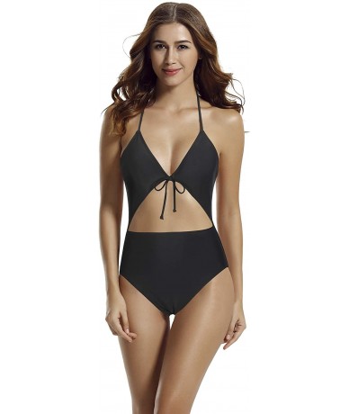 One-Pieces Women's Tie Front Cutout One Piece Swimsuit Monokini - Black - CI18L4YZG3S $43.30