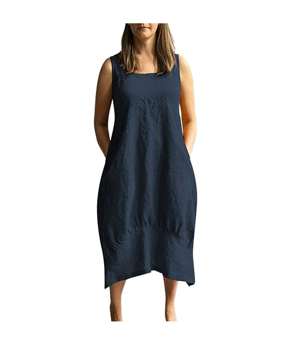 Bottoms Ms. Loose Casual Solid Color Cotton Sleeveless Dress - ✿✿navy - C918S8RQ9OM $29.40