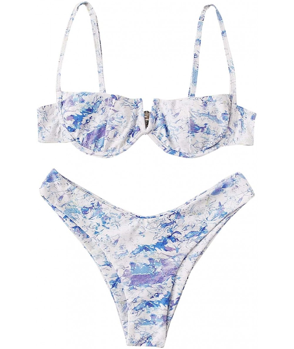 Sets Women's Sexy Bathing Suits Spaghetti Strap Floral Bikini Set Underwire Swimsuit - Blue - CS1965D58M3 $36.42