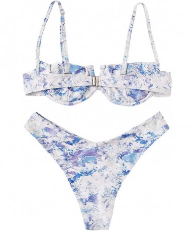 Sets Women's Sexy Bathing Suits Spaghetti Strap Floral Bikini Set Underwire Swimsuit - Blue - CS1965D58M3 $36.42