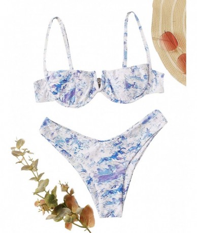 Sets Women's Sexy Bathing Suits Spaghetti Strap Floral Bikini Set Underwire Swimsuit - Blue - CS1965D58M3 $36.42