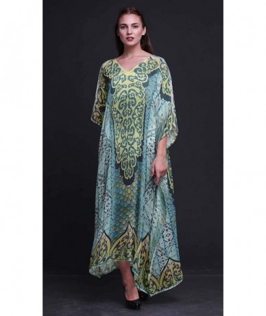 Cover-Ups Paisley Ethnic Womens Long Beach Kaftan Beachwear Bikini Coverup Maxi Dress - Turquoise Green - CY18N7WRI6S $50.75