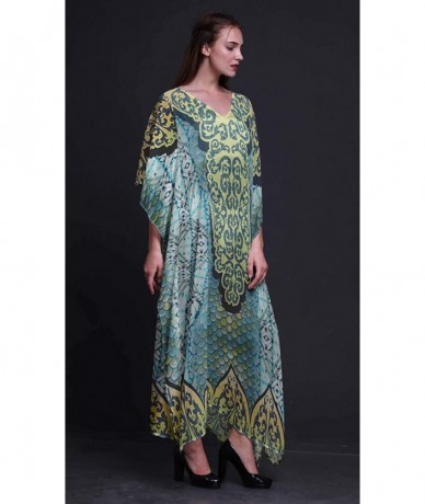 Cover-Ups Paisley Ethnic Womens Long Beach Kaftan Beachwear Bikini Coverup Maxi Dress - Turquoise Green - CY18N7WRI6S $50.75