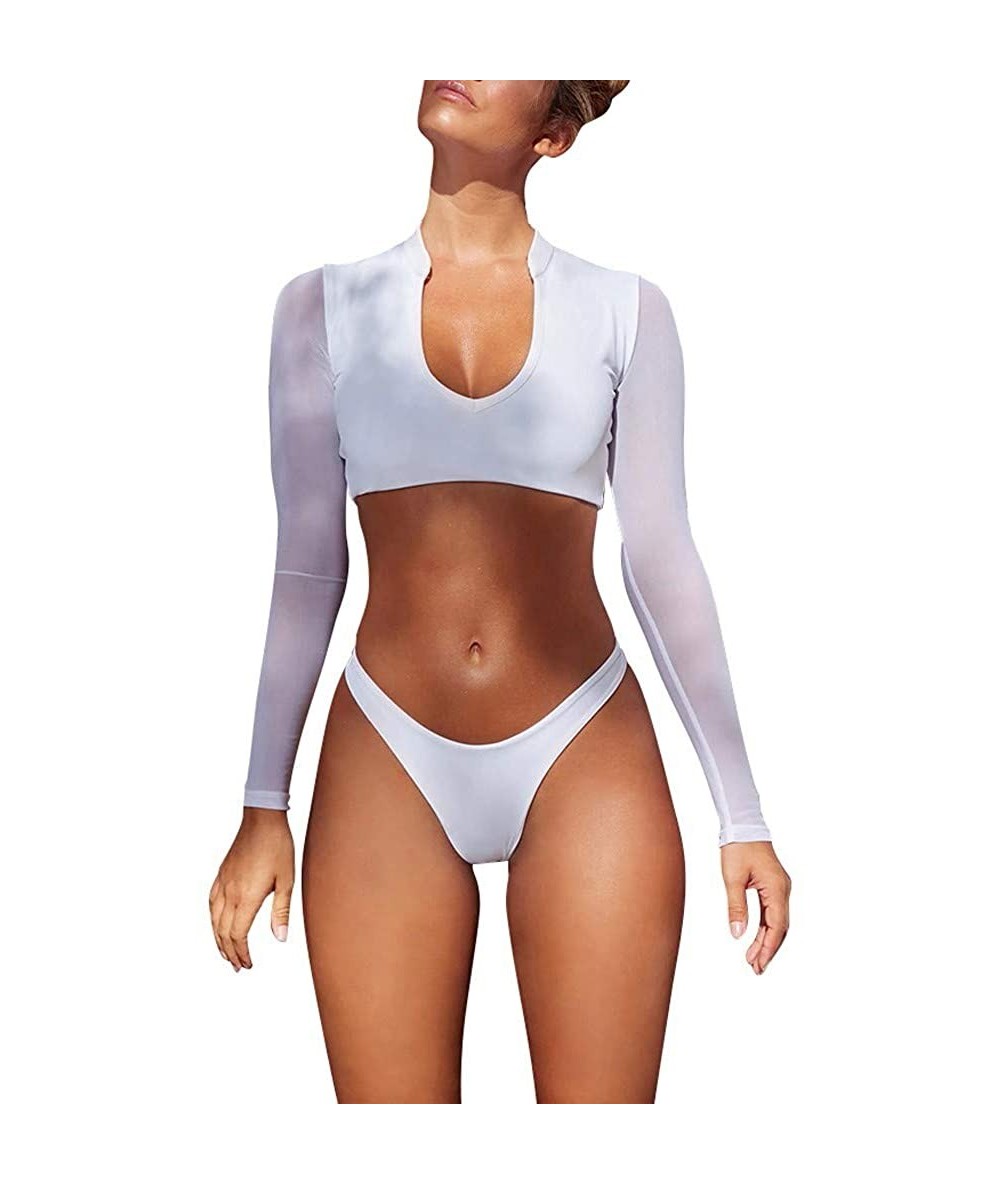 Sets Women Long Sleeved Two Piece Swimsuits U-Neck Mesh Low Waist Sexy Ladies Bathing Suits - White - CX18O8MWRRA $30.71