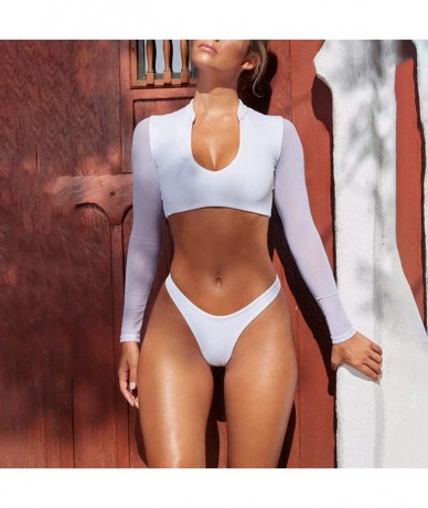 Sets Women Long Sleeved Two Piece Swimsuits U-Neck Mesh Low Waist Sexy Ladies Bathing Suits - White - CX18O8MWRRA $30.71