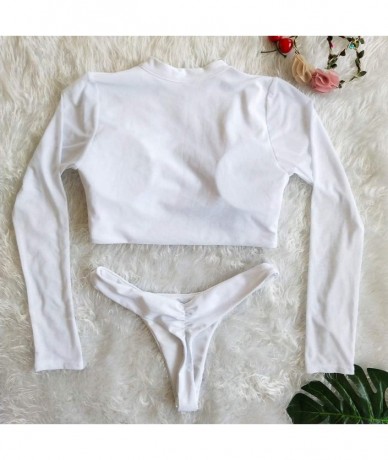 Sets Women Long Sleeved Two Piece Swimsuits U-Neck Mesh Low Waist Sexy Ladies Bathing Suits - White - CX18O8MWRRA $30.71