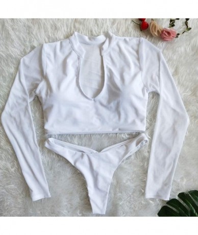 Sets Women Long Sleeved Two Piece Swimsuits U-Neck Mesh Low Waist Sexy Ladies Bathing Suits - White - CX18O8MWRRA $30.71