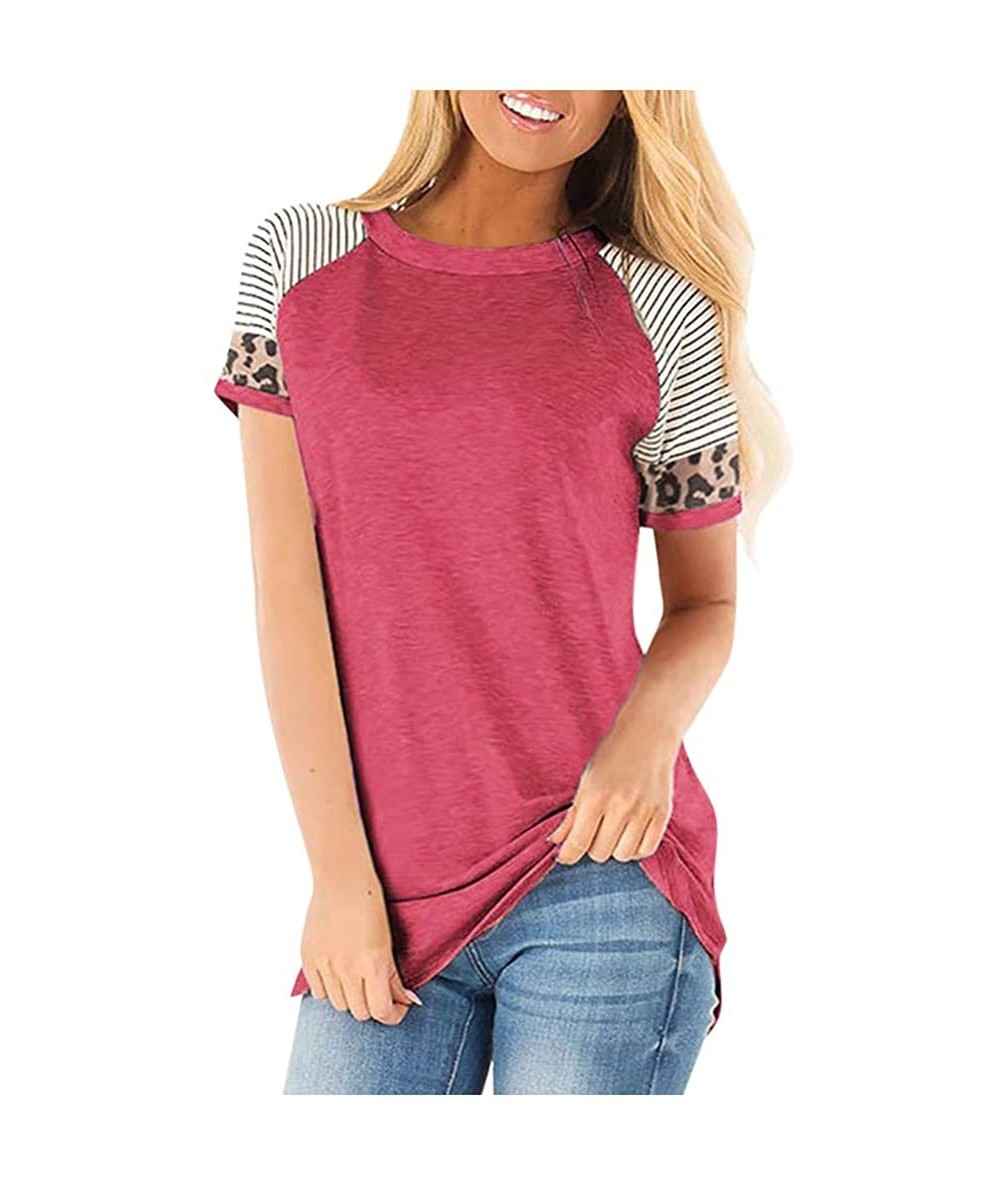 Tops Women Short Sleeve Casual Comfy Leopard Stripe Sequin Tunics Loose Tops Blouse T Shirt - M-red - CC196ERE5TL $24.45