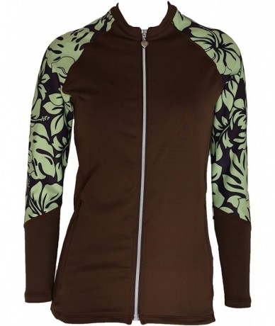 Rash Guards Women Plus Size UPF 50+ Front Zip Up Long Sleeve Top Rash Guard - Brown With Green - C512OBWO88F $62.07