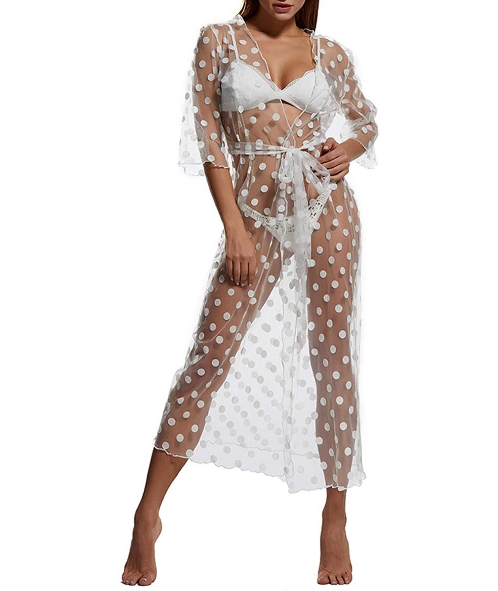 Cover-Ups Women Sheer Chiffon Polka Dots 3/4 Sleeve Kimono Cardigan Beach Bikini Long Cover up Open Front Mesh Blouse Beach D...