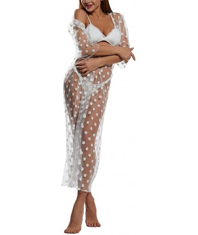 Cover-Ups Women Sheer Chiffon Polka Dots 3/4 Sleeve Kimono Cardigan Beach Bikini Long Cover up Open Front Mesh Blouse Beach D...