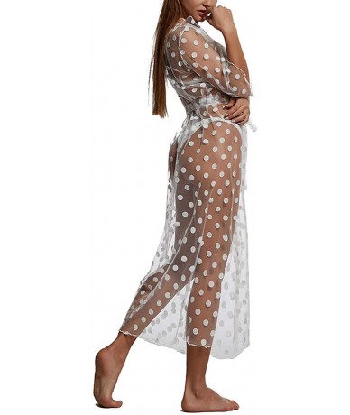 Cover-Ups Women Sheer Chiffon Polka Dots 3/4 Sleeve Kimono Cardigan Beach Bikini Long Cover up Open Front Mesh Blouse Beach D...