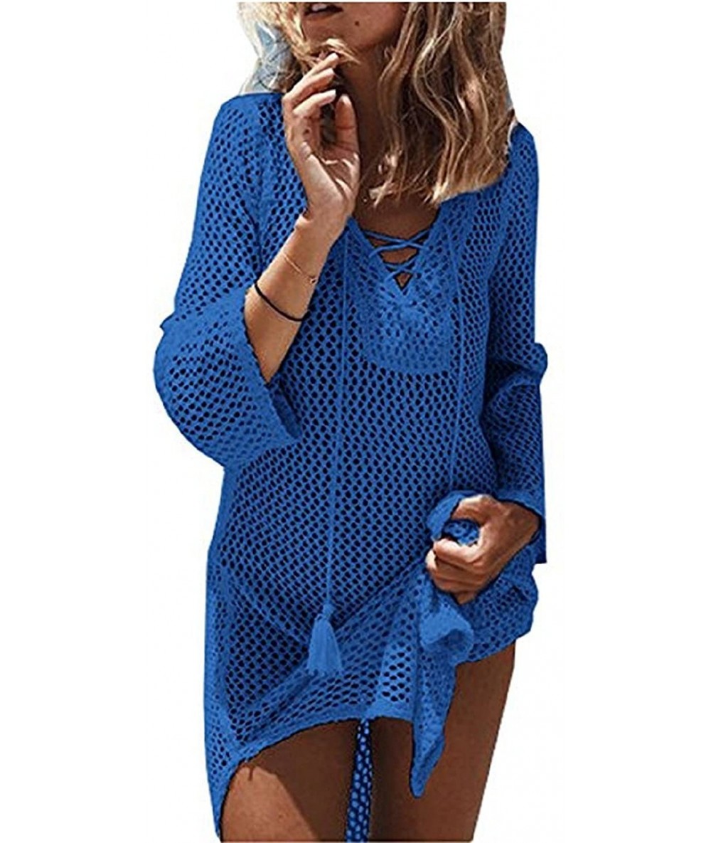 Cover-Ups Women's Bathing Suit Cover-ups Swimwear Crochet Tunic Bikini Cover Up Beach Swimsuit Dress - Blue - CJ18QES58I3 $39.99