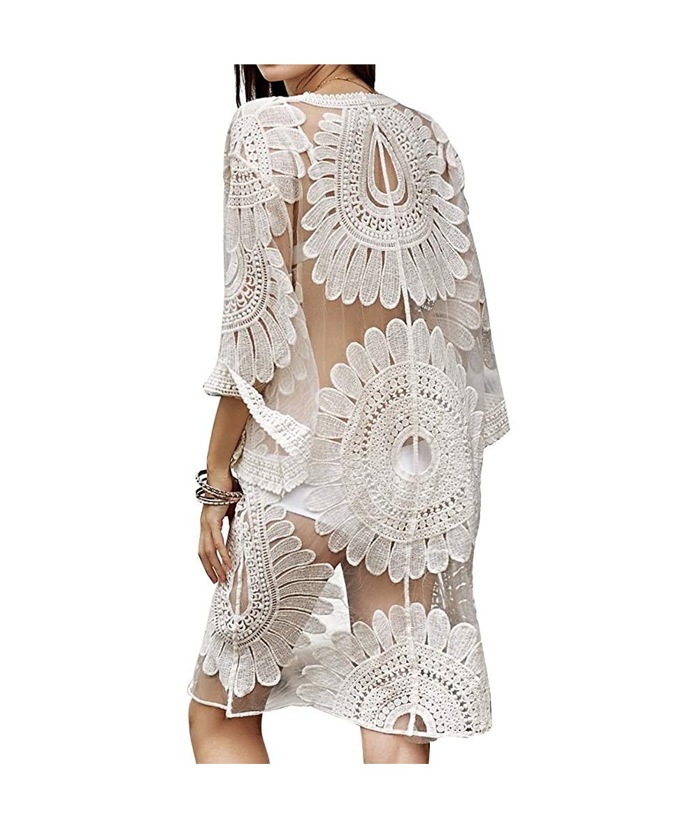 Cover-Ups Women's Lace Cardigan Cover Ups Beachwear Cotton (White-2- M) - C218NZUHRNY $25.83