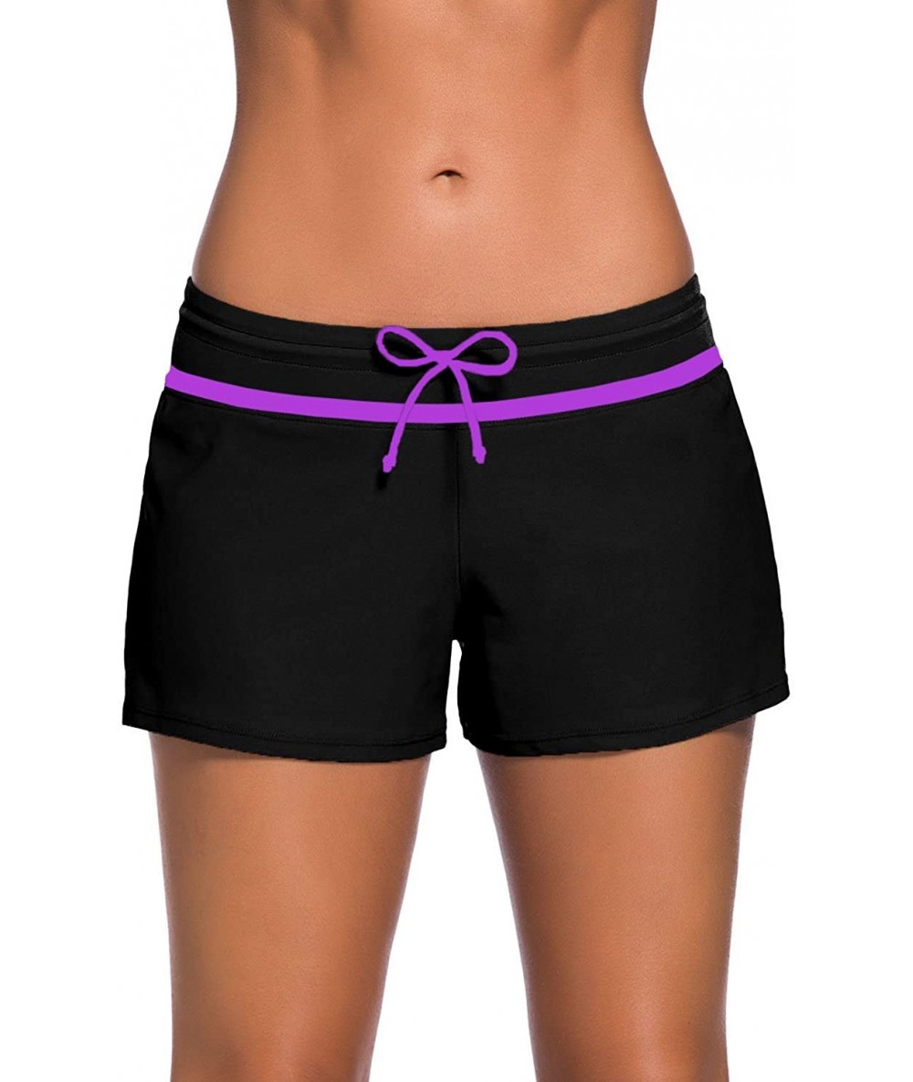 Board Shorts Womens Plus Size Swimsuit Tankini Bottom Swim Board Shorts with Panty - Black Purple Strap - CK18OXQQDOO $27.35