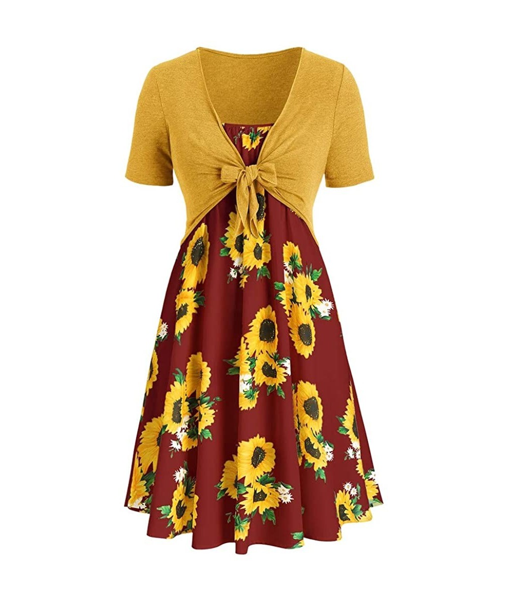 One-Pieces Fashion Women Short Sleeve Bow Knot Bandage Top Sunflower Print Mini Dress Suits - Wine - CF18S55Y777 $29.79