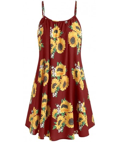 One-Pieces Fashion Women Short Sleeve Bow Knot Bandage Top Sunflower Print Mini Dress Suits - Wine - CF18S55Y777 $29.79