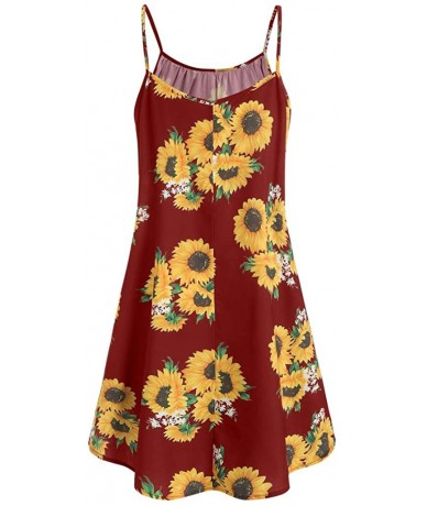 One-Pieces Fashion Women Short Sleeve Bow Knot Bandage Top Sunflower Print Mini Dress Suits - Wine - CF18S55Y777 $29.79