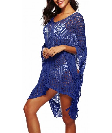 Cover-Ups Women's Crochet V-Neck Swimsuit Batwings Bikini Swimwear Cover up Summer Beach - Navy Blue - CY18E650543 $75.42