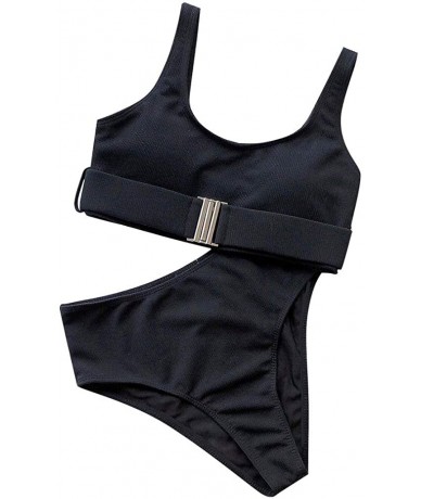 Sets Women's Two Piece Buckle Bikini Push-Up Padded High Waist Swimwear Swimsuit Set - Black - C7195SQUGDY $26.59