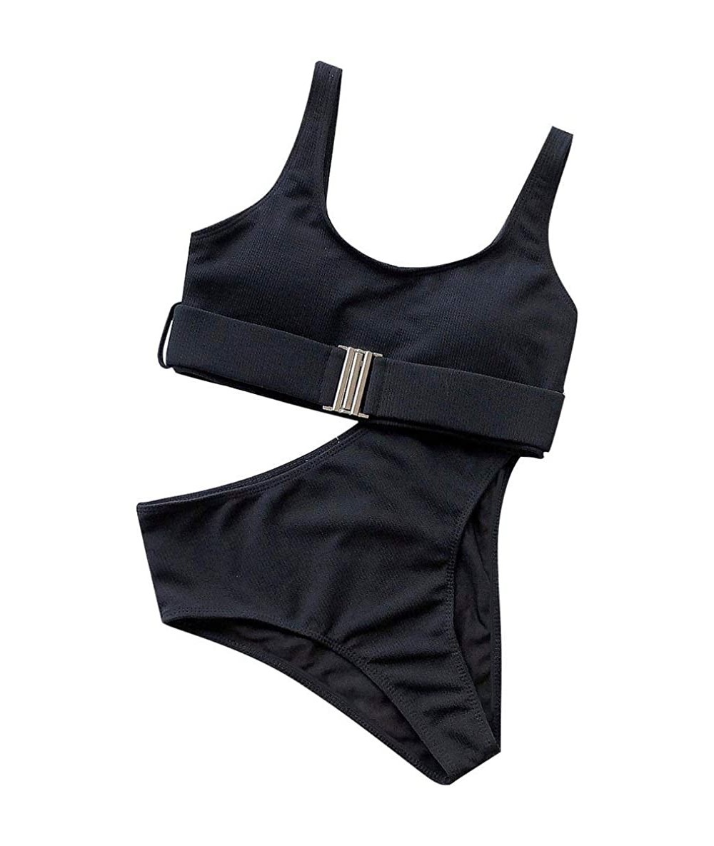 Sets Women's Two Piece Buckle Bikini Push-Up Padded High Waist Swimwear Swimsuit Set - Black - C7195SQUGDY $26.59