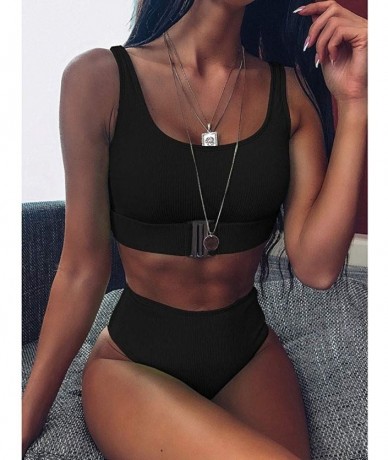 Sets Women's Two Piece Buckle Bikini Push-Up Padded High Waist Swimwear Swimsuit Set - Black - C7195SQUGDY $26.59