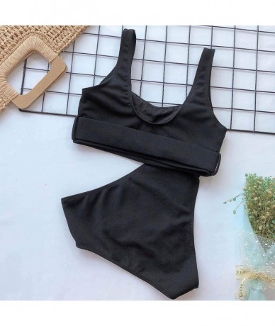 Sets Women's Two Piece Buckle Bikini Push-Up Padded High Waist Swimwear Swimsuit Set - Black - C7195SQUGDY $26.59