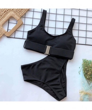 Sets Women's Two Piece Buckle Bikini Push-Up Padded High Waist Swimwear Swimsuit Set - Black - C7195SQUGDY $26.59