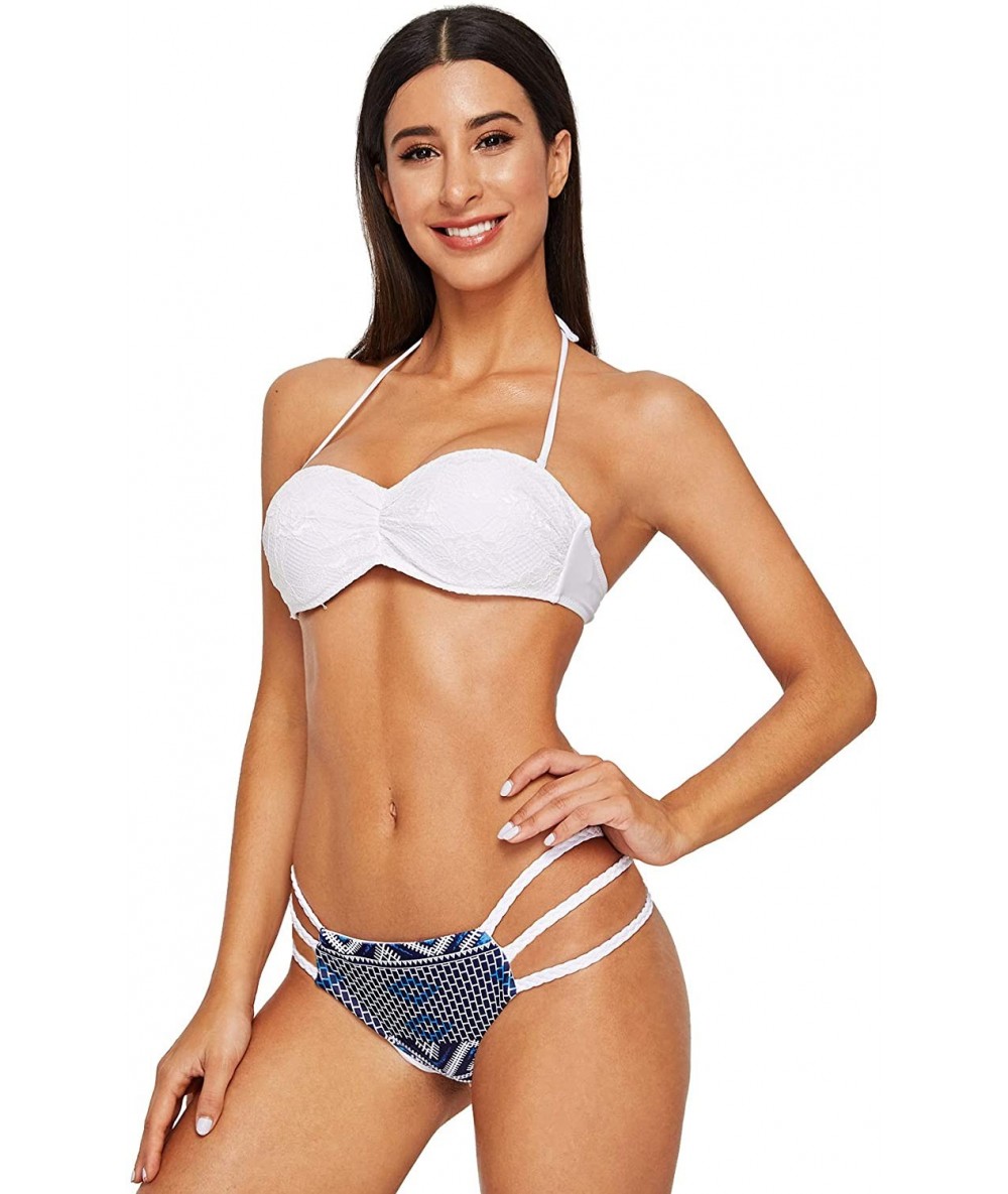 Sets Women Boho 2 Pieces Geometric Off Shoulder Strapless Bandeau Push Up Top High Waist Bottoms Swimsuit Bikini Set White L ...