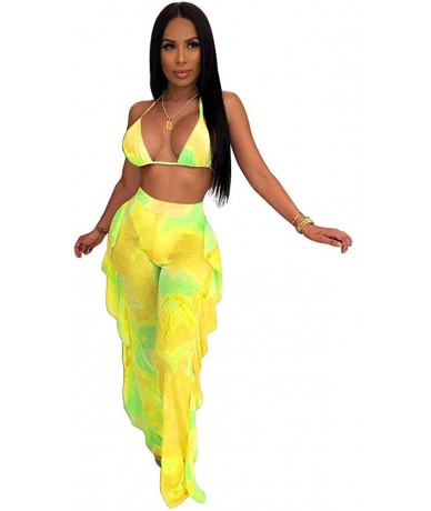 Sets Women Sexy 2 Piece Outfits Mesh Bikini Crop Top Pants with Ruffles Tie Dye Swimsuits Cover Ups - 3592 Yellow - CS18TOENS...