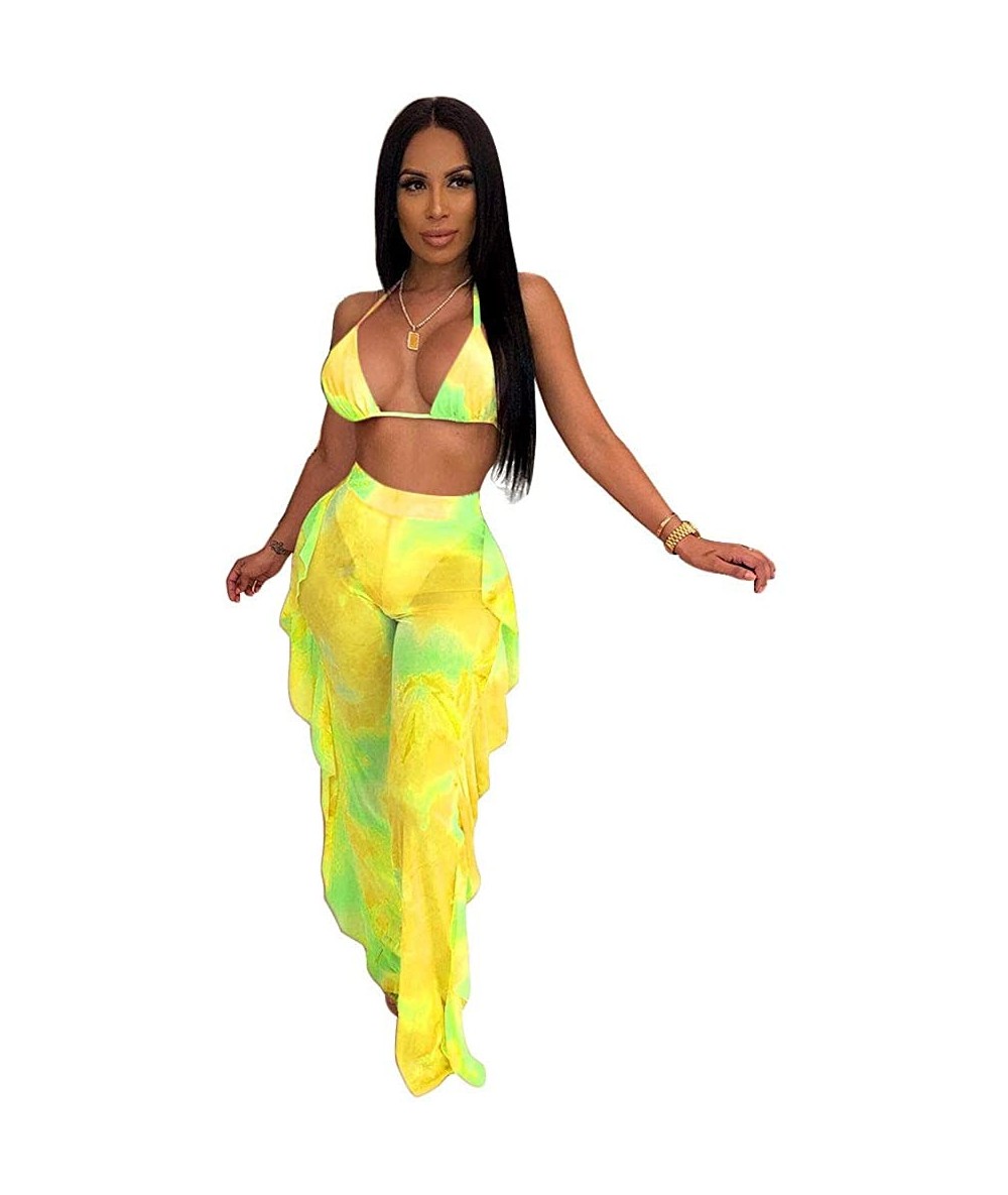 Sets Women Sexy 2 Piece Outfits Mesh Bikini Crop Top Pants with Ruffles Tie Dye Swimsuits Cover Ups - 3592 Yellow - CS18TOENS...