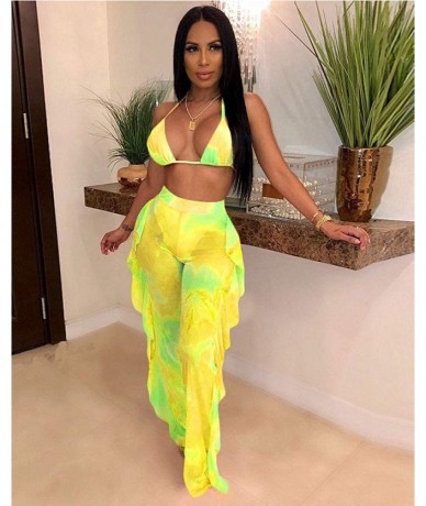 Sets Women Sexy 2 Piece Outfits Mesh Bikini Crop Top Pants with Ruffles Tie Dye Swimsuits Cover Ups - 3592 Yellow - CS18TOENS...