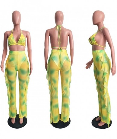 Sets Women Sexy 2 Piece Outfits Mesh Bikini Crop Top Pants with Ruffles Tie Dye Swimsuits Cover Ups - 3592 Yellow - CS18TOENS...