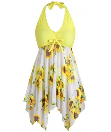 Sets Women's Plus Size Fashion 2 PC Sunflower Print Halter Tankini Swimsuit Camisole Tops Swimwear Thong Bathing Suit Yellow ...