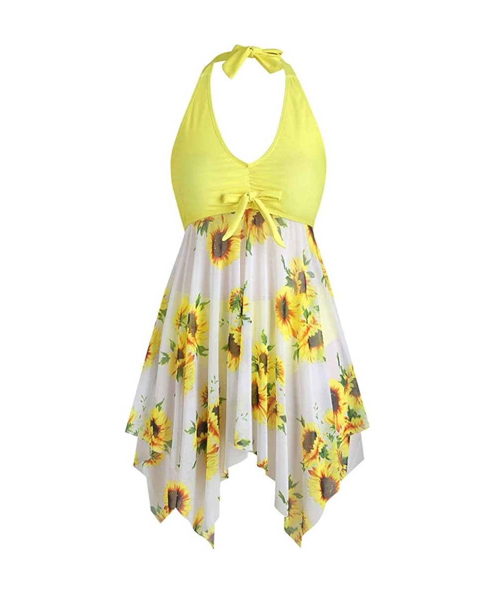 Sets Women's Plus Size Fashion 2 PC Sunflower Print Halter Tankini Swimsuit Camisole Tops Swimwear Thong Bathing Suit Yellow ...