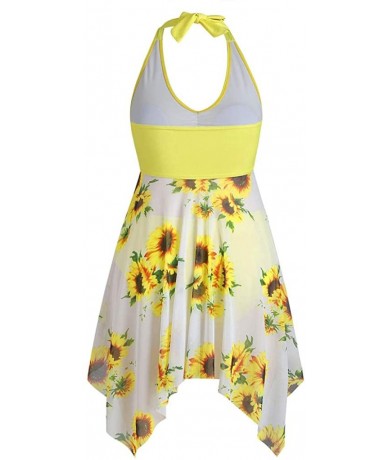 Sets Women's Plus Size Fashion 2 PC Sunflower Print Halter Tankini Swimsuit Camisole Tops Swimwear Thong Bathing Suit Yellow ...