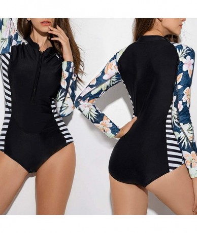 One-Pieces Women Surfing Diving Swimsuit Long Sleeve Monokini Bodysuit Retro 1 Piece Bikini Plus Size Zipper Bathing Suit Bla...