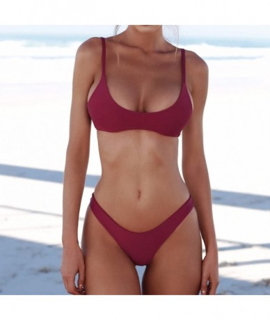 Sets Womens Swimsuits 2 Pcs Brazilian Top Thong Bikini Set High Waisted Bathing Suits for Women - Bikini Set Wine Red - CT18U...