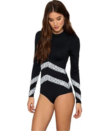 One-Pieces Womens Swimwear Monokini Swimsuits Sexy One Piece Long Sleeve Bathing Suits - Black 2 Stripe - CI1803K3IZH $37.55