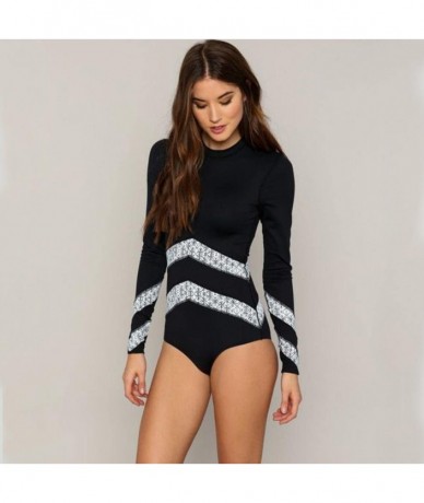 One-Pieces Womens Swimwear Monokini Swimsuits Sexy One Piece Long Sleeve Bathing Suits - Black 2 Stripe - CI1803K3IZH $37.55