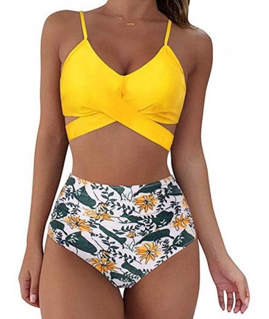 Sets High Waisted Padded Halter Bandage Bikinis Sets Sexy Two Piece Swimsuits Bathing Suits for Womens - A - Yellow - C219840...