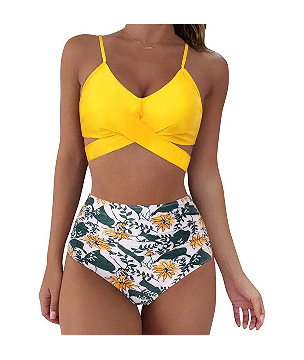 Sets High Waisted Padded Halter Bandage Bikinis Sets Sexy Two Piece Swimsuits Bathing Suits for Womens - A - Yellow - C219840...