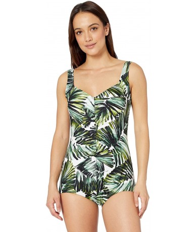 One-Pieces Women's Shirred Front Girl Leg One Piece Swimsuit - Black/Green//Palmtastic - CK18HTEX5AR $62.30