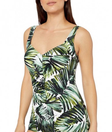 One-Pieces Women's Shirred Front Girl Leg One Piece Swimsuit - Black/Green//Palmtastic - CK18HTEX5AR $62.30