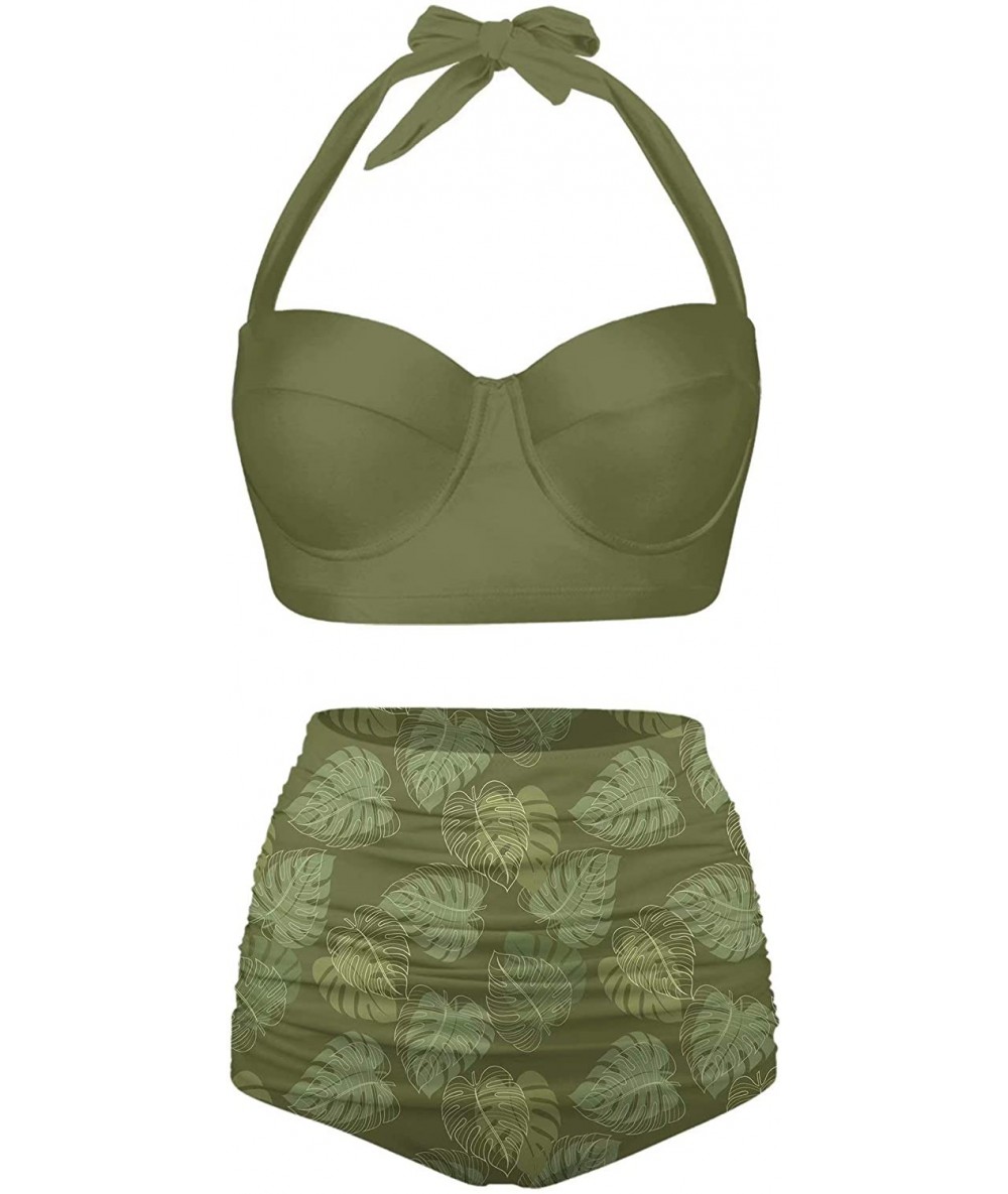 Sets Classic Summer HalterTropical Monstera Leaf Seamless Pattern Bikini Set - Olive Green - CX196N48E2T $68.71